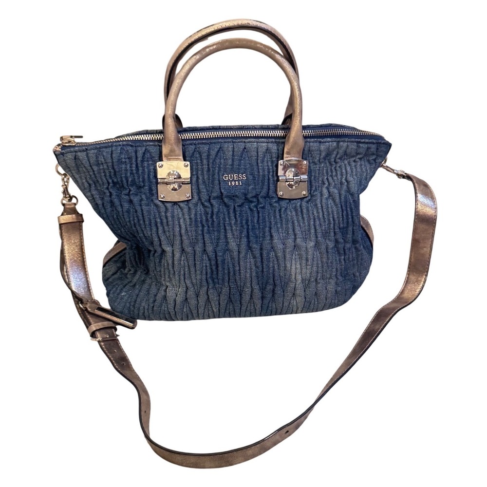 GUESS 1981 Denim Ruched Tote Metallic Gold Accents Strap
10x12x6" Preloved EUC